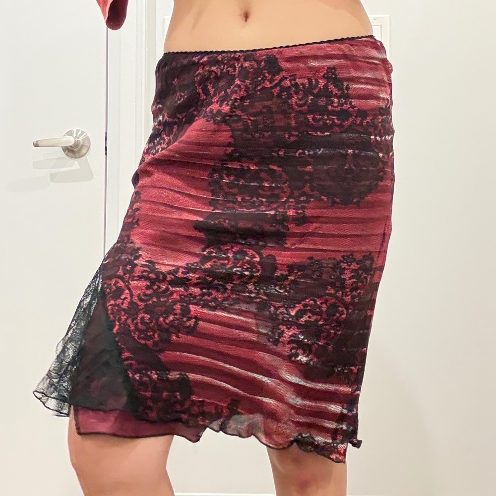 Vintage Red Black Lace Print Midi Skirt